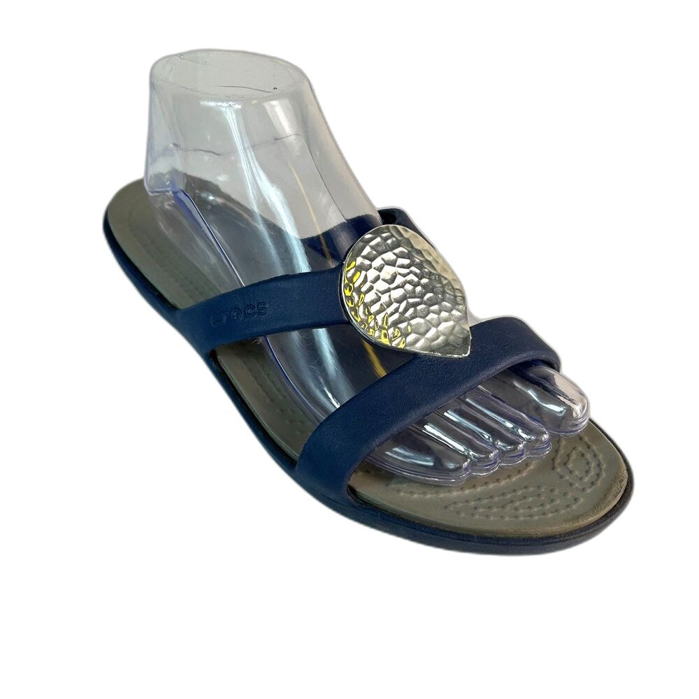 Crocs Women's Navy Sanrah Silver Hammered Medallion Strappy Slide Sandal Size 9
